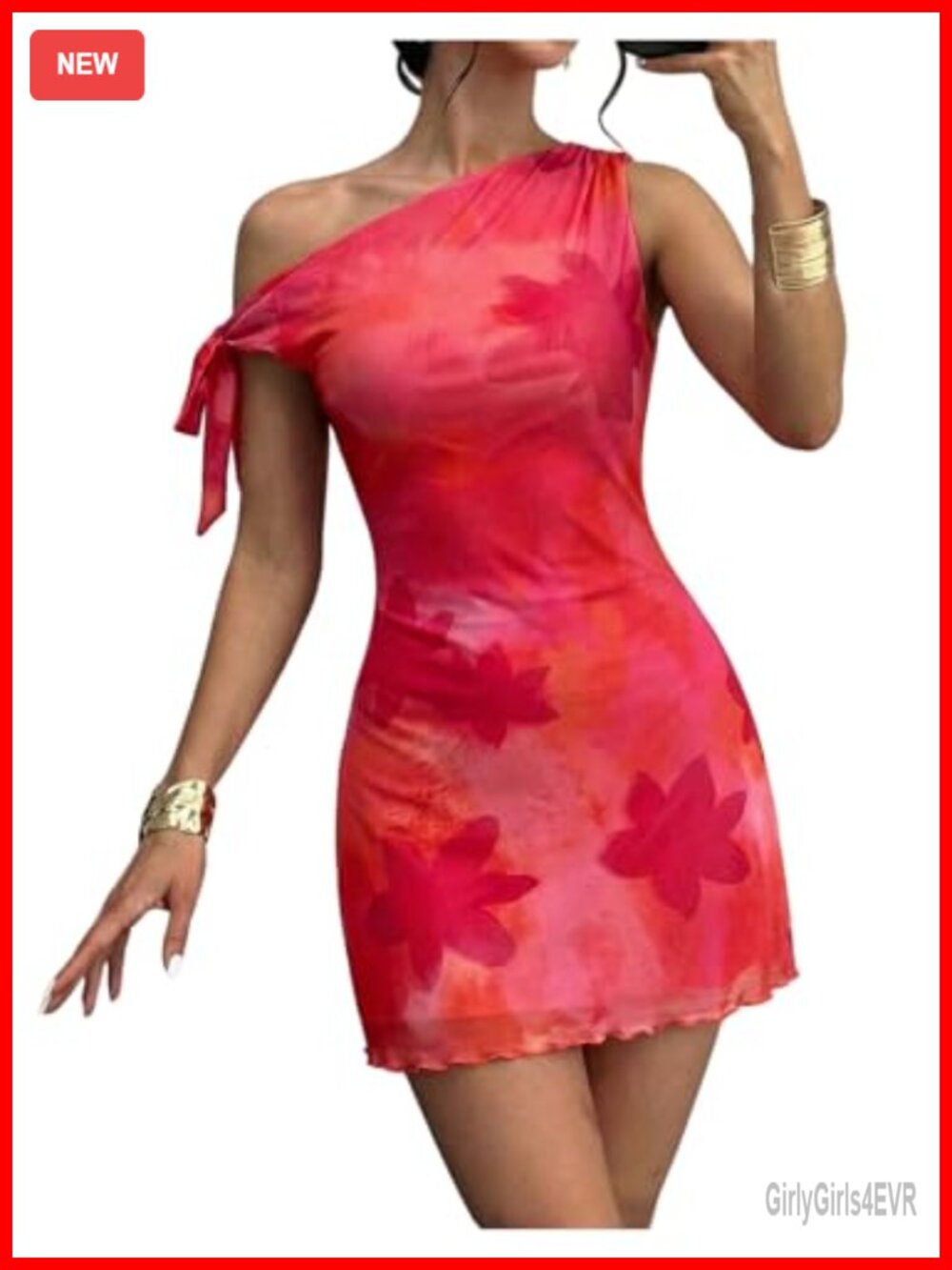One Shoulder Floral Bodycon Mini Dress Asymmetric Knot Party